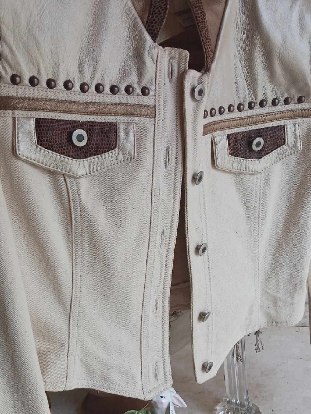 Vintage "Cache" Leather & Cream Cotton Denim Jacket, Metal Studs Detail "NEW" - Picture 14 of 15
